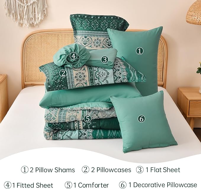 Cottolester Boho Comforter Set Queen Size,8 Pieces Teal Green Bohemian Striped Bed in a Bag,Paisley Soft Microfiber Bedding Comforter Set