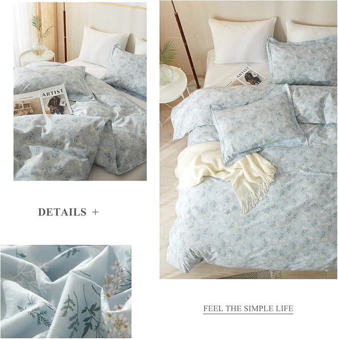 mixinni 3pcs Boho Floral Comforter Set Full Size, Botanical Blue Flowers Leaves Cute Bedding Comforter Sets for Women, 1 Soft Garden Style Comforter and 2 Pillowcases for All Seasons