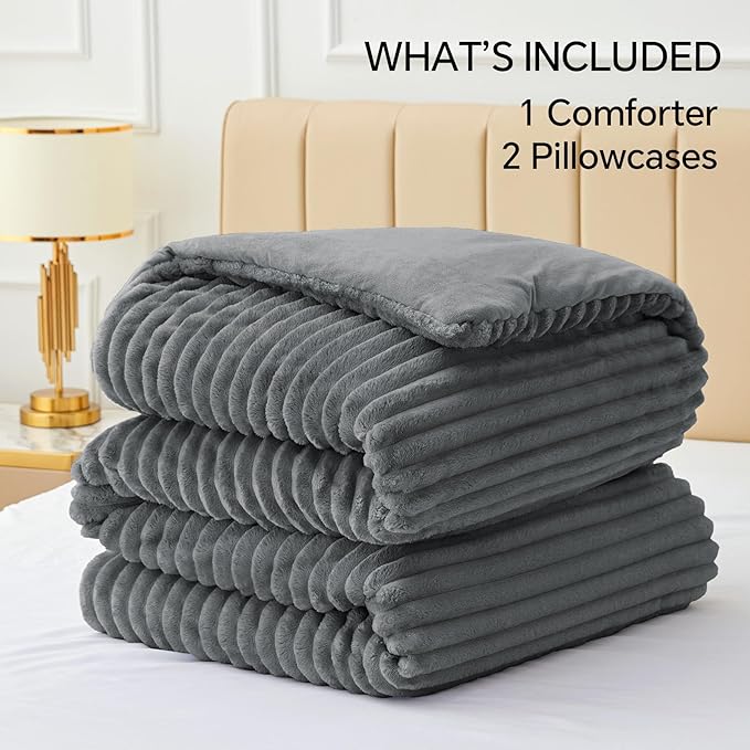 BEDELITE Fleece Full Comforter Set -Super Soft & Warm Grey Bedding, Luxury Fuzzy Heavy Bed Set for Winter with 2 Pillow Cases