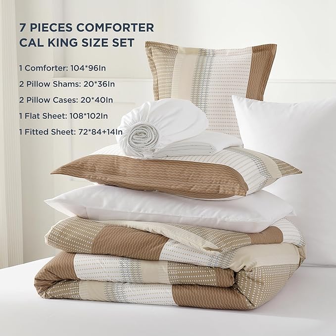 Andency California King Comforter Set Taupe - 7 Pieces Striped Lightweight Bed in a Bag, Soft Microfiber Reversible Bedding Set with Comforter, Fitted & Flat Sheet, Pillowcases & Shams