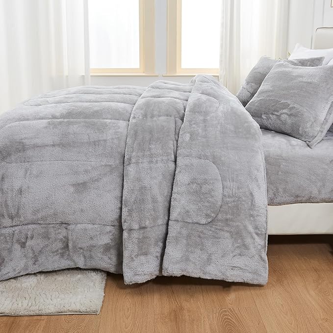 YIYEA Faux Fur Comforter Set Queen Size with Fitted Sheet, Luxury Ultra Soft Fuzzy Comforter, Fluffy Plush Velvet Bedding Comforter Sets for Fall Winter, Cozy Warmth, No Shedding, 4PC, Grey