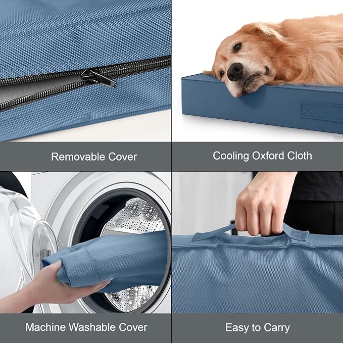 Outdoor Large Washable Dog Bed, Orthopedic Egg Crate Foam Dog Crate Mat for Large Dogs with Removable Oxford Cooling Cover, Blue