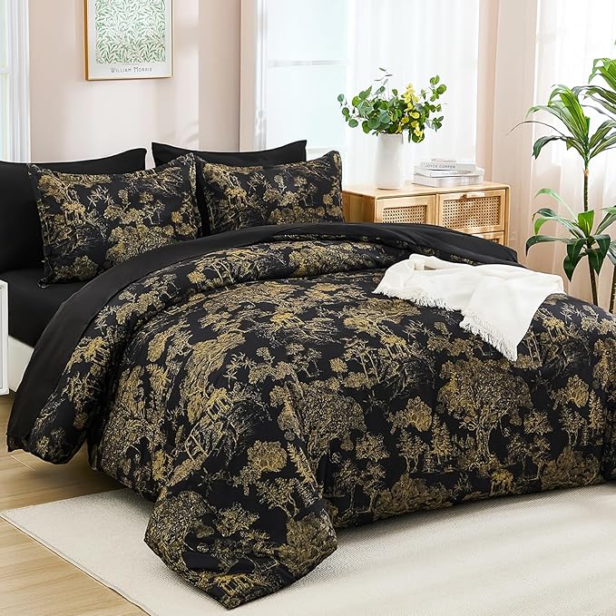 DJY Black Comforter Set King, 7 Pieces Black and Gold Botanical Comforters King Size Bed in a Bag Elegant Plants Print with Sheets Soft Microfiber Complete Bedding Sets for All Season