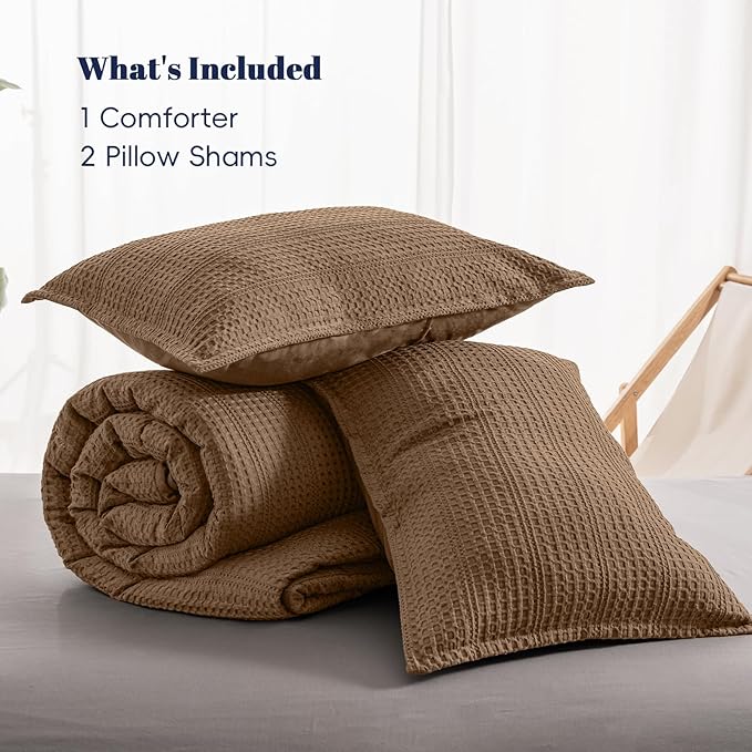 PHF Soft Waffle Comforter Set King Size- Comfy Breathable Waffle Weave Comforter with 2 Pillow Shams, 3 Pieces Less Snagging Lightweight Textured Bedding Set for All Season, Mocha/Cocoa Brown