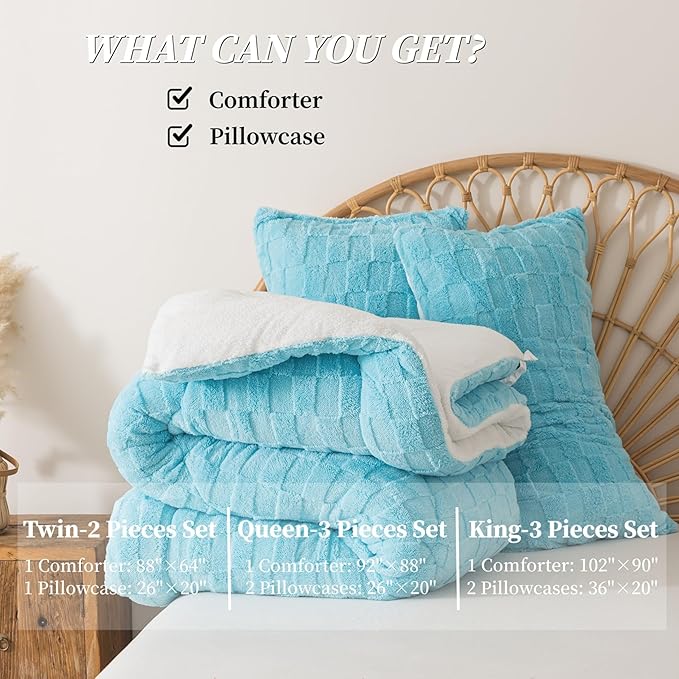 ELNIDO QUEEN® Fluffy Comforter Set King, Light Blue Winter Fleece Comforter Ultra Soft & Extra Pluffy Plush Comforter Set, Cozy Fuzzy Bed Comforter 3 Pieces (1Comforter, 2 Pillowcases),102x90 inch