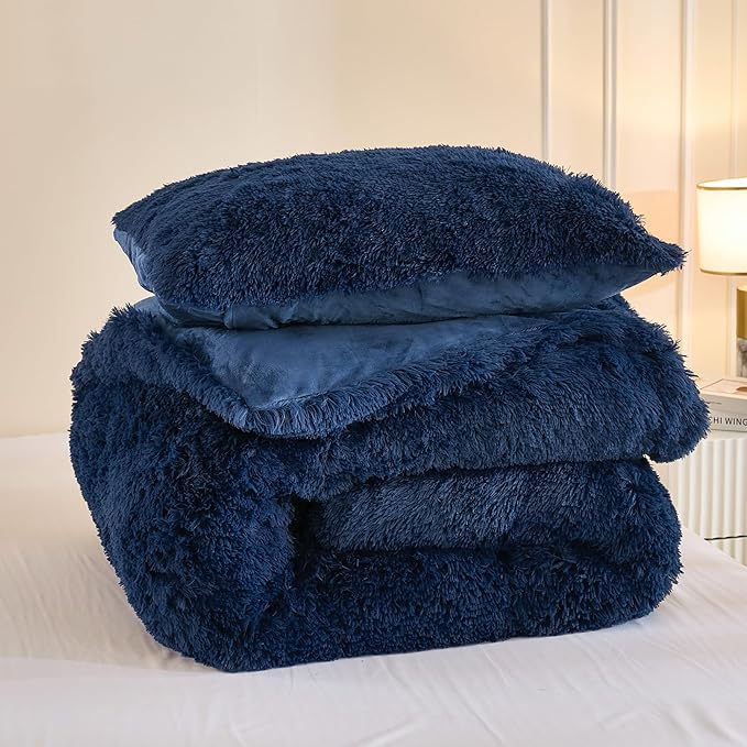 Andency Fluffy Navy Blue Comforter Set King Size, 3 Pieces Winter Faux Fur Warm Soft Fuzzy Plush Bedding Comforter Set (1 Velvet Comforter & 2 Pillowcases), Thick Heavy Comfy Comforters Bedding Set
