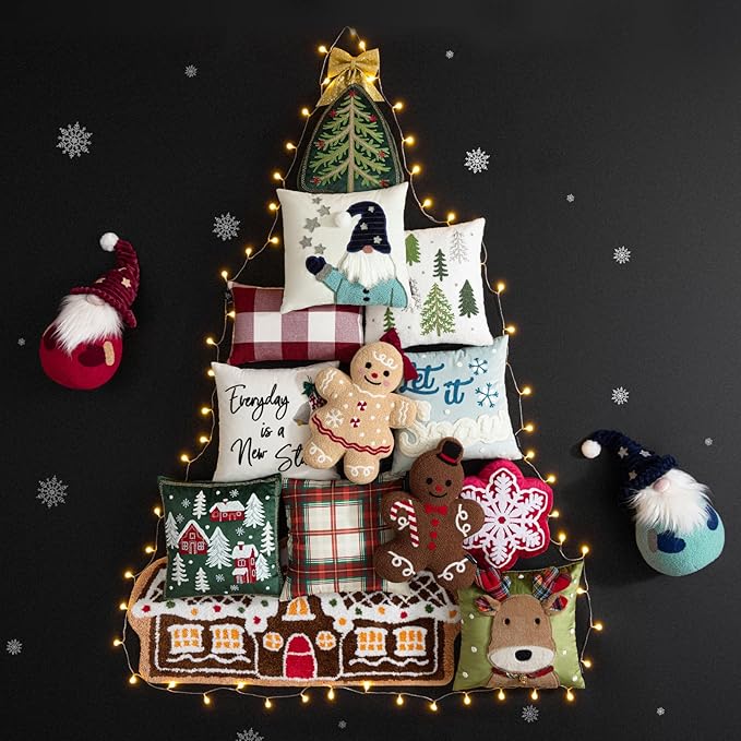 Phantoscope Gingerbread Series Merry Christmas Throw Pillow, Plush Teddy Sherpa Xmas Gingerbread Girl Shaped Christmas Decorative Pillow with Bow for Couch Living, Bedroom, Beige, 13x18 inches