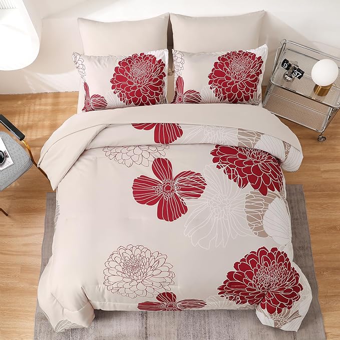 Yiran 7 Pieces King Comforter Set Red Floral Bed in a Bag Soft Microfiber Bedding Set 104"×90"(1 Comforter 1 Flat Sheet 1 Fitted Sheet 2 Pillowshams 2 Pillowcases)