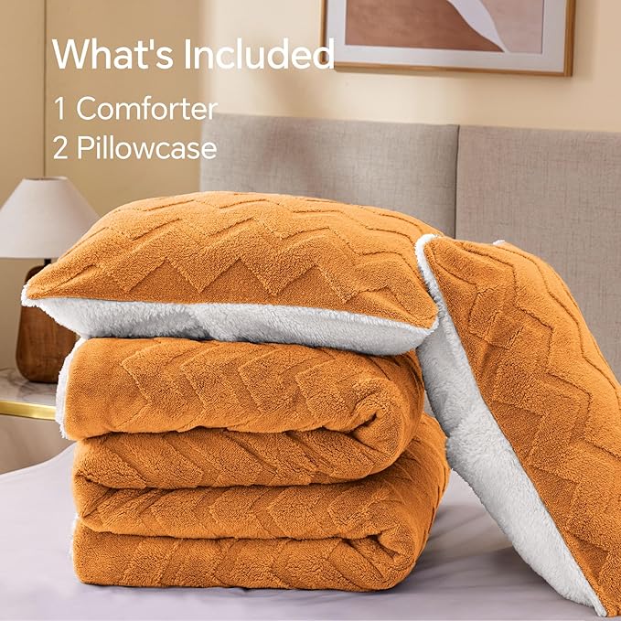 BEDELITE Fluffy Twin Comforter Set - Super Soft Sherpa Burnt Orange Comforter for Twin Size Bed, Luxury Warm Bedding Set for Winter, Fuzzy Bed Set 2 Piece (1 Comforter, 1 Pillowcase)