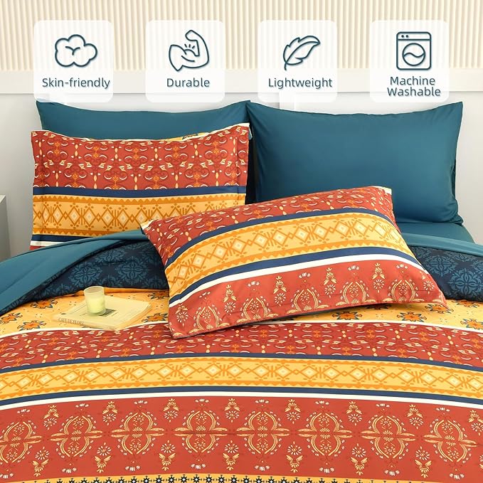 WONGS BEDDING Boho Comforter Set Queen Size,7 Pieces Bed in a Bag Bohemian Striped Bedding Set,Burnt Orange Paisley Floral Comfortet and Sheet Set,Soft Microfiber Bedding Sets for All Season