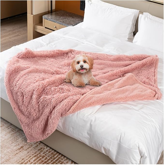 Pink Calming Dog Blanket Waterproof Pet Blankets Fluffy Long Faux Fur Cat Throw Blankets for Couch Furniture Protector Love Bed Cover Washable(Pink,M)