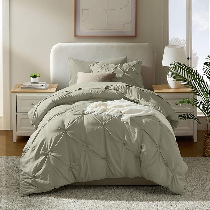 Nestl Twin Comforter Set 5 Piece, Pintuck Twin Bedding Set Light Sage, College Dorm Room Essentials for Girls and Boys Bed in a Bag Twin All Season, Twin Comforter Set with Sheets, Pillowcase and Sham