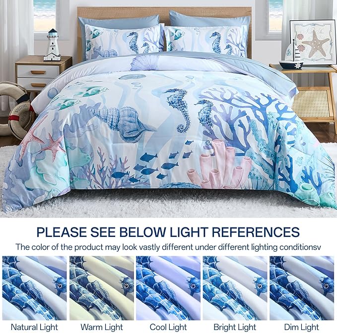 Coastal Comforter Set Queen, Coral Beach Themed Comforters Diving Deep Ocean Bedding with Sheets 7 Pieces Bed in a Bag for Spring Summer House Conch Decor