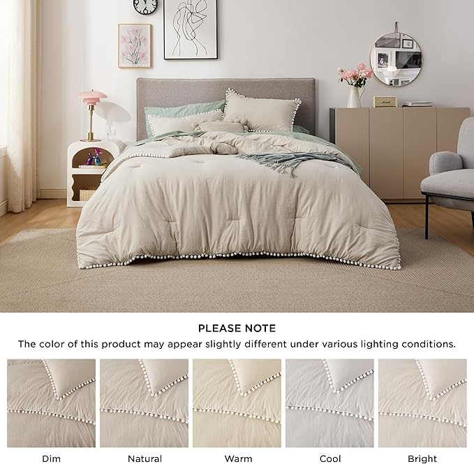 Bedsure Twin/Twin XL Comforter Set - Linen Pom Pom Comforter, 2 Pieces Shabby Chic Bedding Comforter Set for All Seasons, Fluffy Soft Bedding Set with 1 Pillow Sham