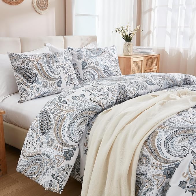 Grey Blue Paisley Comforter Set Queen Size 3 Pieces 100% Cotton Boho Paisley Pattern Bedding Set All Season Soft Cotton Lightweight Reversible Comforter