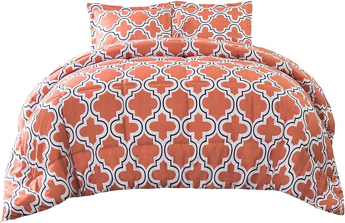 Superior Trellis Comforter Set with Pillow Shams, Luxurious & Soft Microfiber with Down Alternative Fill, Contemporary Geometric Trellis Design - Full/Queen Bedding Set, Coral