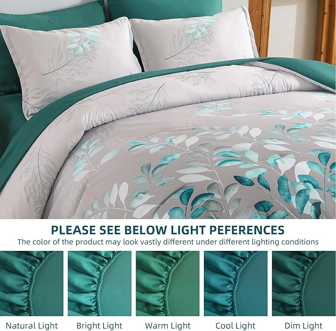 Anibedding 7 Pieces Teal Green King Bed in a Bag Set, Green Botanical Gradient Leaves Ultra Soft Microfiber Down Alternative Bedding Set with Sheets and Bedroom for All Season