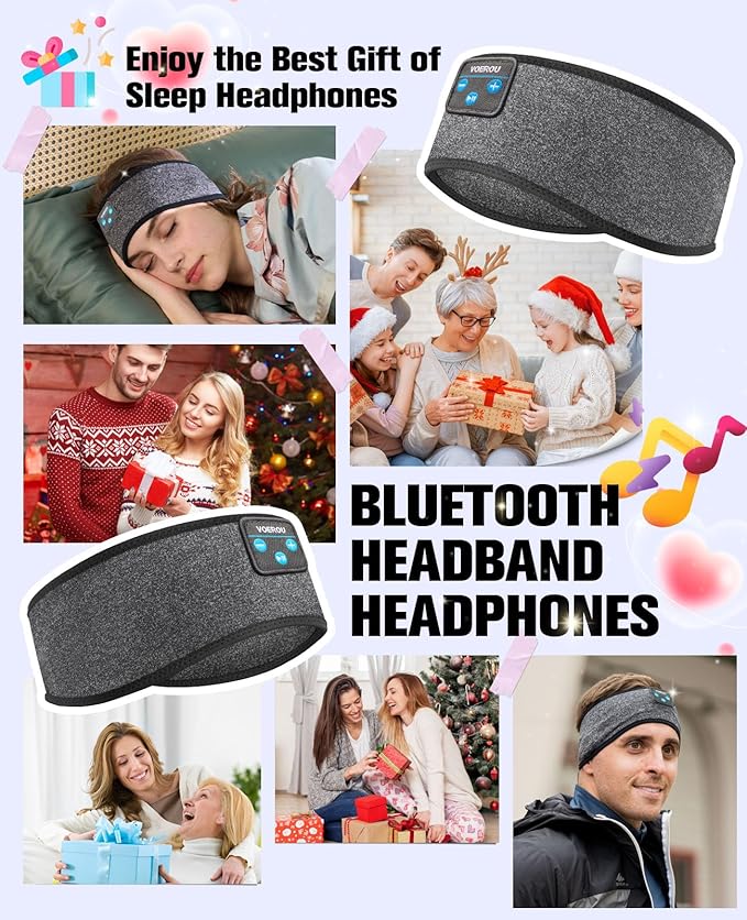 Voerou Sleep Headphones Wireless Bluetooth Headband, Sweat Resistant Sports Headband with Ultra-thin Stereo Speakers for Side Sleepers Sleeping Workout Yoga Running Meditation Unique Gifts Cool Gadget