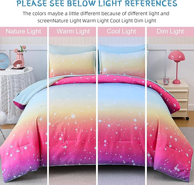 Drucon Girls Comforter Set Twin, 6 Pieces Bed in A Bag Gradient Colorful Pink Blue Ombre Glitter Bedding Set (1 Comforter, 1 Flat Sheet, 1 Fitted Sheet, 1 Pillow sham, 2 Pillowcases)
