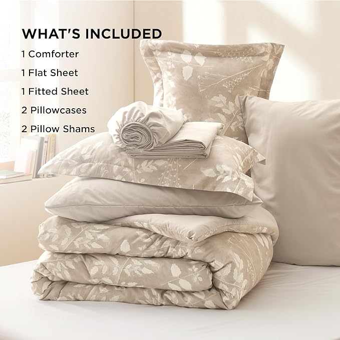 Bedsure King Size Comforter Set - 7 Pieces Floral Beige Soft Bedding Sets, King Bed in a Bag with Botanical Flowers Comforter, Sheets, Pillowcases & Shams