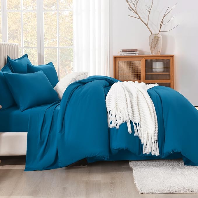Litanika Comforter California King Size Set Teal - 7 Pieces Bed in a Bag California King Bedding Comforter Sets, Plain Lightweight Bed Set with Comforter, Sheets, Pillowcases & Shams