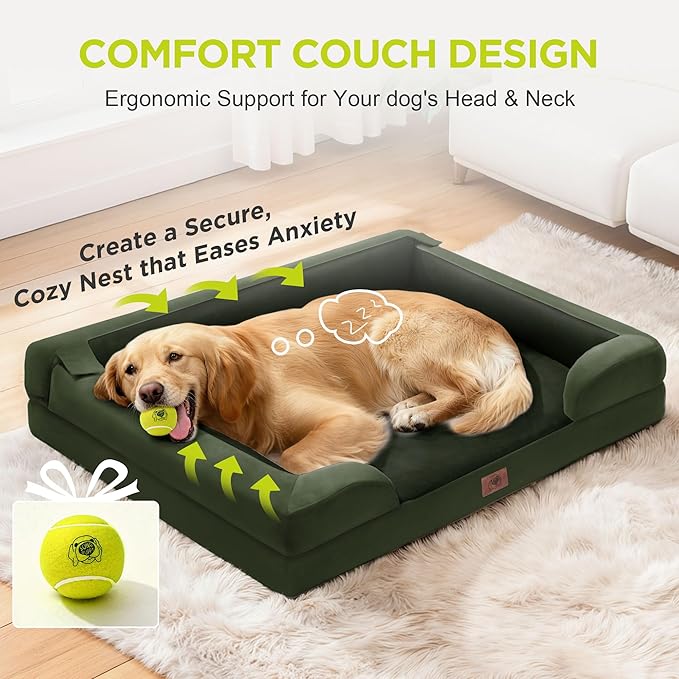 Orthopedic Dog Beds for Large Medium Dogs, Big Waterproof Memory Foam Pet Couch Bed with Removable Washable Cover, Tennis Ball Toy, 36x27