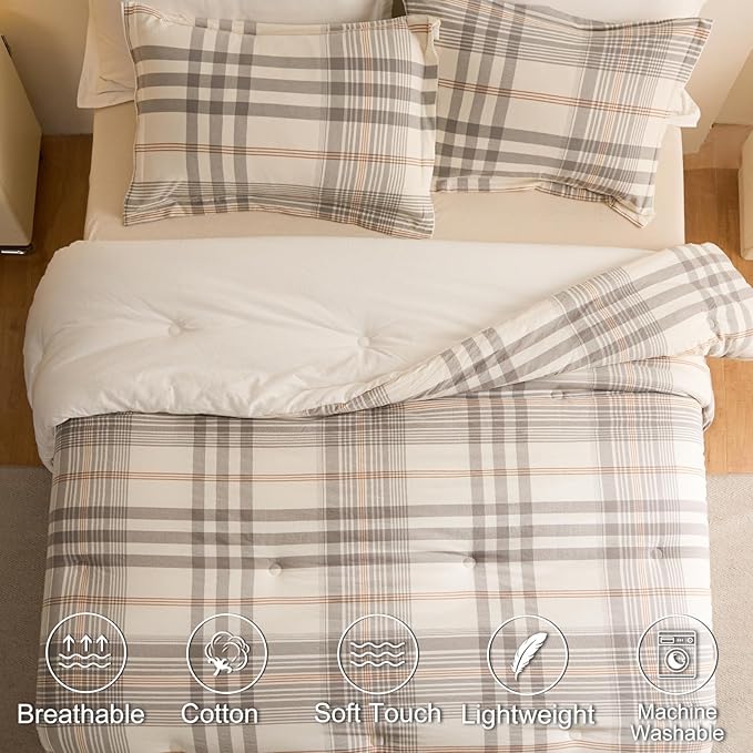 100% Cotton Comforter Set King Size – Reversible Yarn-Dyed Checkered Design, Soft Washed Cotton on Both Sides, Lightweight All-Season Bedding, Machine Washable(Grey White Plaid, 104”x90”)