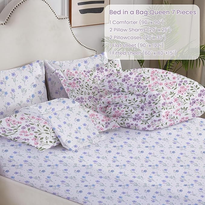 Floral King Comforter Set with Sheets, 7 Piece Luxury Vintage Bedding, Soft Microfiber Bed in a Bag, Cozy Lightweight Bed Set, Purple Flower Green Leaf