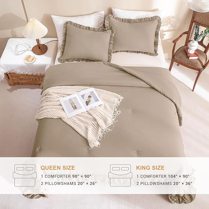 Masaca Ruffled Comforter Set for Queen Bed,3 Pieces Vintage Farmhouse Shabby Light Taupe Bedding Comforter Set Lightweight Ultra Soft French Country Bedding (1 Farmhouse Comforter +2 Pillowcases)