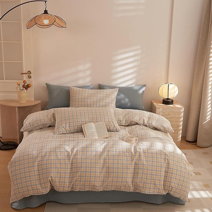 HighBuy Yellow Gingham Comforter Set Twin XL Size Dust Blue Plaid Bedding Comforter Sets Boho Comforter Hotel Quality Bedding Sets with Sham Set for All Season,Teen Boys Checkered Comforters
