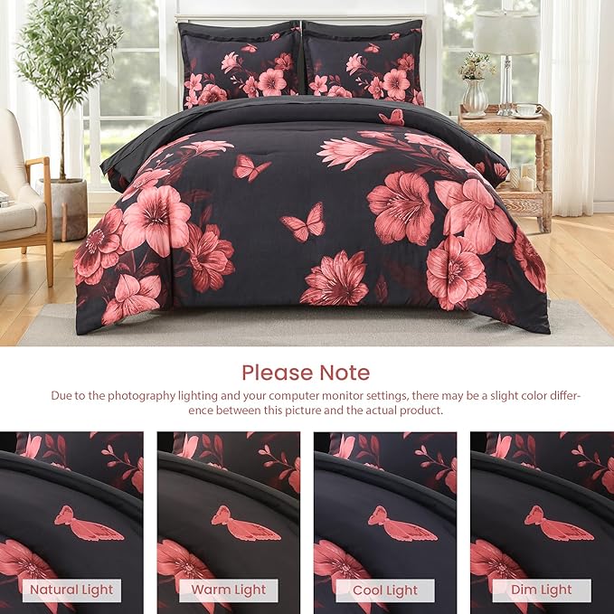 Floral Comforter Set Queen Size, 7 Piece Black Bed in a Bag, Elegant Flower Pattern Comforter Set with Sheet, Soft Microfiber Complete Bedding Sets for All Season