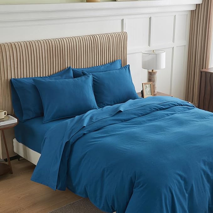 Simple&Opulence Belgian Linen Sheet Set Solid Color - 6 Pieces (1 Flat Sheet & 1 Fitted Sheet & 4 Pillowcases) 16" Deep Pocket Natural Flax Cotton Blended Soft Bedding - Navy Blue, California King