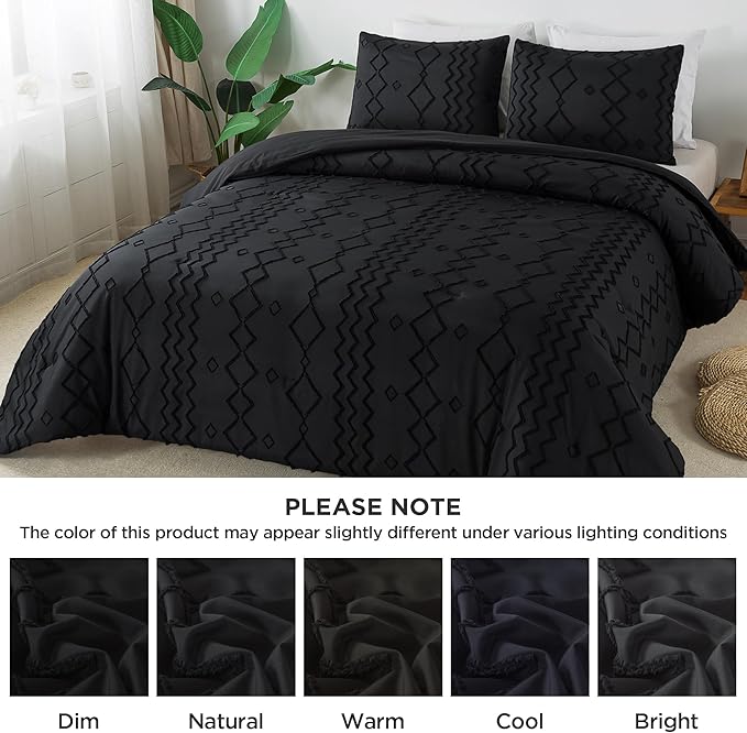 Andency Black Boho Tufted Comforter Set California King, 3 Pieces Textured Farmhouse Bed, Soft Microfiber Down Alternative Geometric Comforter Bedding Set (104x96Inch)