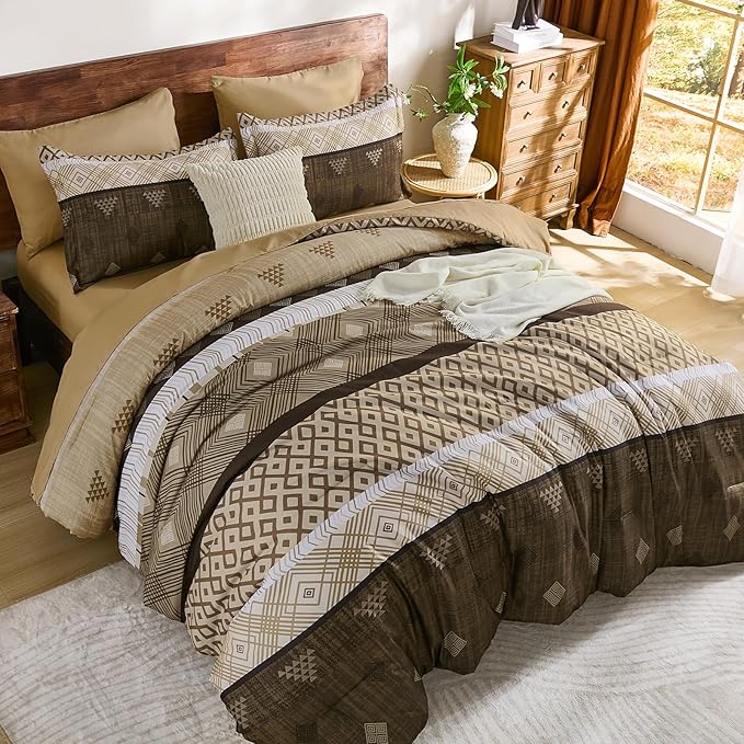 Xruibed Brown King Comforter Set 7 Pieces, Boho Striped Bed in a Bag King Size Soft Microfiber All Season Bedding Set with Comforter, Sheets, Pillowcases & Shams(104"×90")