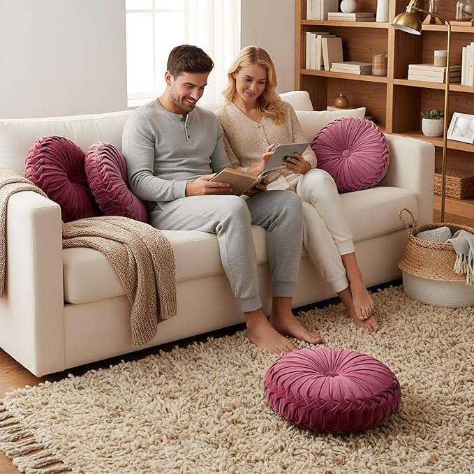 1 Pcs Round Throw Pillows Decorative Velvet Pleated Throw Pillows 15'' Diameter Accent Pumpkin Boho Chair Cushion for Couch Sofa Chair Bed Home Decoration (Dusty Rose)