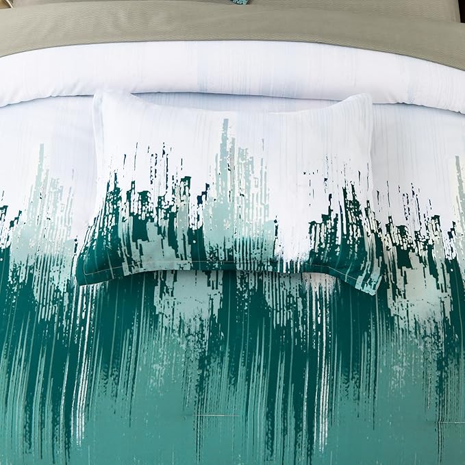 WONGS BEDDING Comforter Set Queen,Aqua 7 Pieces Bed in a Bag Colorful Abstract Art Gradient Comforter Microfiber Bedding Set,1 Comforter, 1 Flat Sheet, 1 Fitted Sheet, 2 Pillow Shams,2 Pillowcases