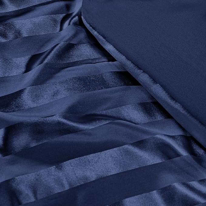 Whale Flotilla 3-Piece Reversible Silky Soft Queen Comforter Set, Luxury Stripe Satin Comforters Full Size Bedding Set with 2 Satin Pillowcases, Lightweight Duvet for All Seasons, Navy