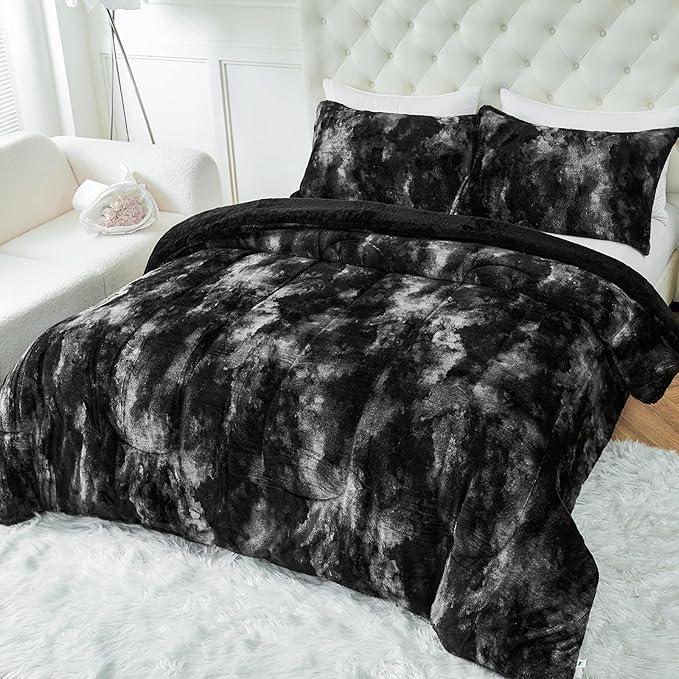 YIYEA Fluffy Queen Size Comforter Set, Luxury Faux Fur Comforter, Ultra Soft Plush Fuzzy Velvet Bedding Comforter Sets for Fall Winter, Cozy Warmth, No Shedding, 3PC, Queen