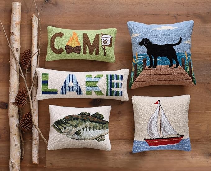 Black Lab on Dock Wool Hook Pillow for Lake House or Cabin by The Pillow Shoppe, 18" Square