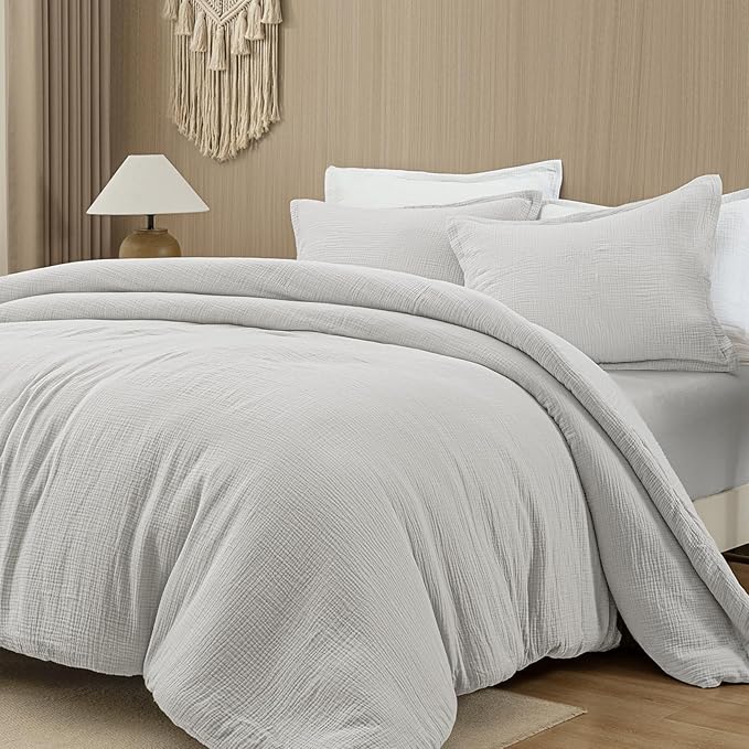 PHF Cotton Muslin Comforter Set Queen – 100% Cotton Cover, Ultra Soft & Breathable, 3PCS Lightweight All-Season Bedding with Polyester Fill, 1 Comforter 90"x90" & 2 Pillow Shams 20"x26", Light Grey