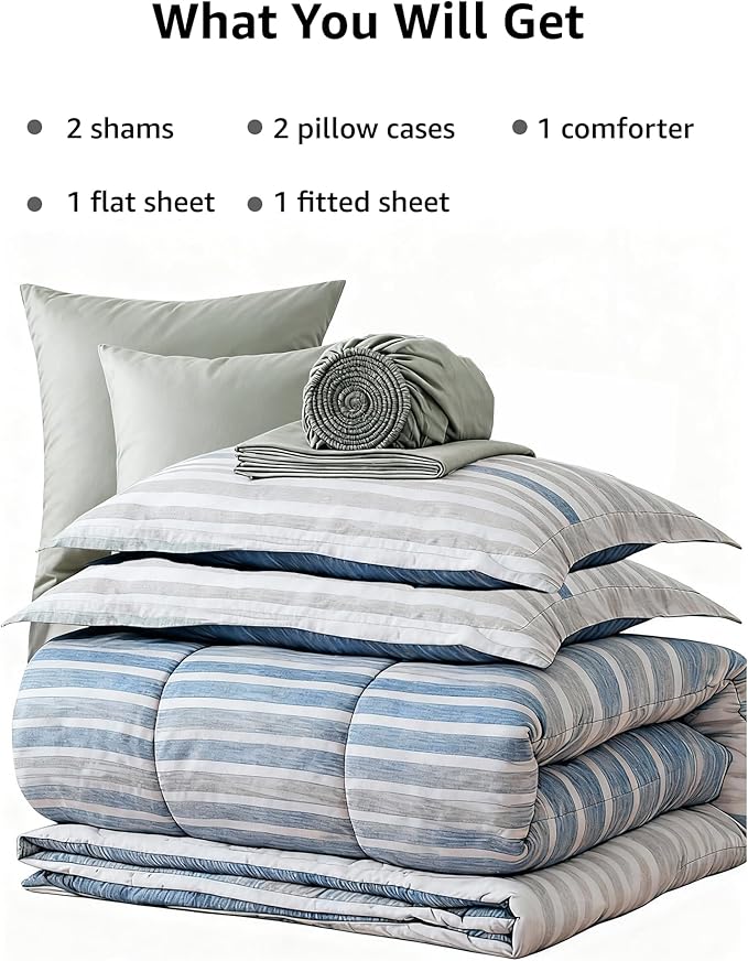 Monbix Full Size Comforter Set - 7 Pieces Bed in a Bag Full, Blue-Stripe Bedding Sets, All Seasons Comforter Bed Set with Sheets, Pillowcases & Shams