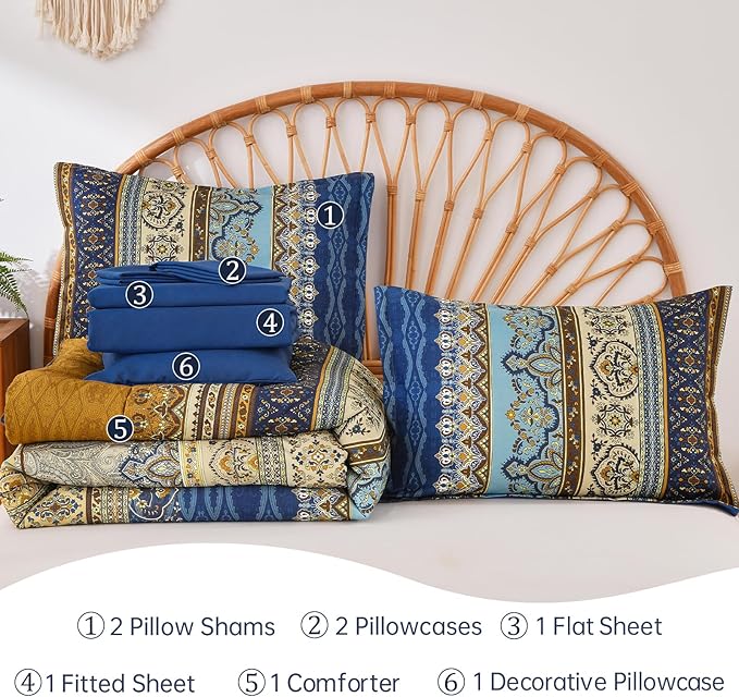 Cottolester Boho Comforter Set California King Size 8 Pieces,Brown Blue Bohemian Comforter Paisley Striped Bed in A Bag,Soft Microfiber Bedding Set for All Season