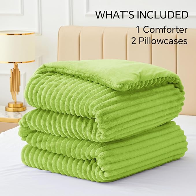 BEDELITE Fleece Queen Comforter Set -Super Soft & Warm Fluffy Dark Citron Bedding, Luxury Fuzzy Heavy Bed Set for Winter with 2 Pillow Cases