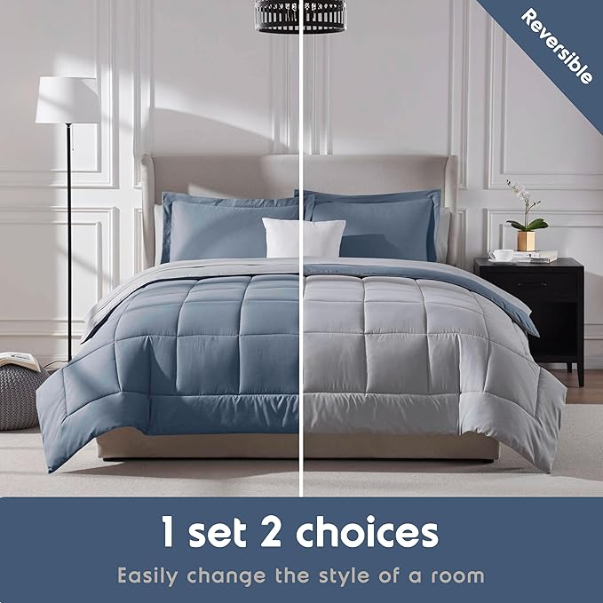 Nestl 7 Piece Queen Comforter Set – Stone Blue Reversible Bed in a Bag – Complete Queen Size Bedding Set with Sheets, Pillowcases and Shams