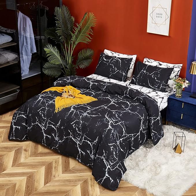 CLOTHKNOW Black White Full Size Comforter Sets 3Pcs Marble Bedding Comforter Sets Soft All Season Black Comforters with 2 x Pillow Cases