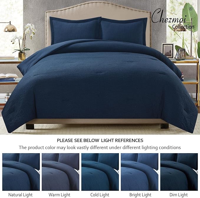 Chezmoi Collection Wilmer 3-Piece Waffle Weave Comforter Set - Soft and Cozy All Season Bedding Set, Queen, Navy