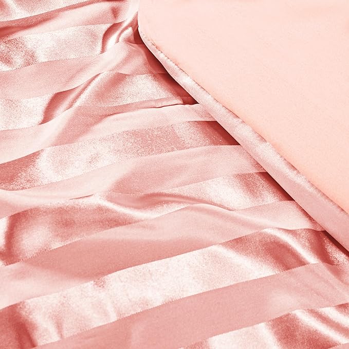 Whale Flotilla 2-Piece Reversible Silky Soft Twin Size Comforter Set, Luxury Stripe Satin Comforter Bedding Set with Satin Pillowcase, Lightweight Duvet for All Seasons, Pink