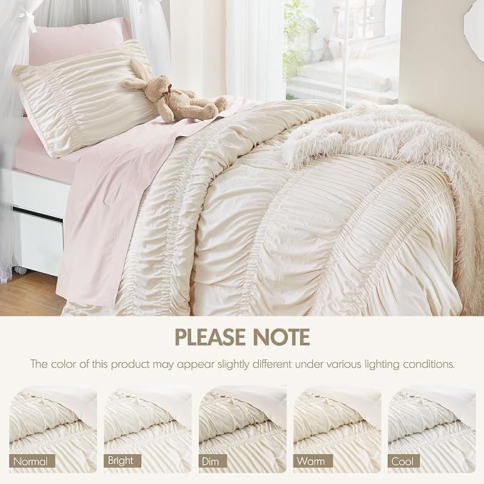 Intelligent Design Ruched Shabby Chic Comforters for Twin Size Bed, All Season Lightweight Comforter Twin, French Country Bedding Set, Sham, Ella, Twin/Twin XL, Ivory, 2 Piece