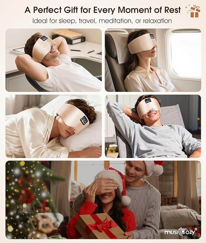 MUSICOZY 3D Silk Bluetooth Sleep Mask Headphones, Mulberry Silk Eye Mask with Ultra-Thin Wireless Speakers, Bluetooth 5.4 Sleeping Headphones for Side Sleepers, Music Sleep Mask Gifts for Men Women