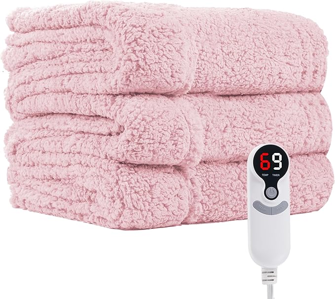 Electric Heated Blanket Full Size 72"×84" with 9 Heating Levels & 1-10Hs Auto Off,Double Sided Plush Sherpa, Energy Efficient, Machine Washable, for Couch & Bed, Light Pink